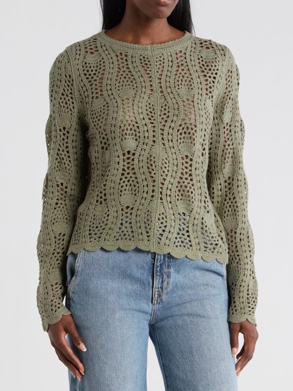 Adrianna Papell Olive Green Crochet Scoop Neck Sweater